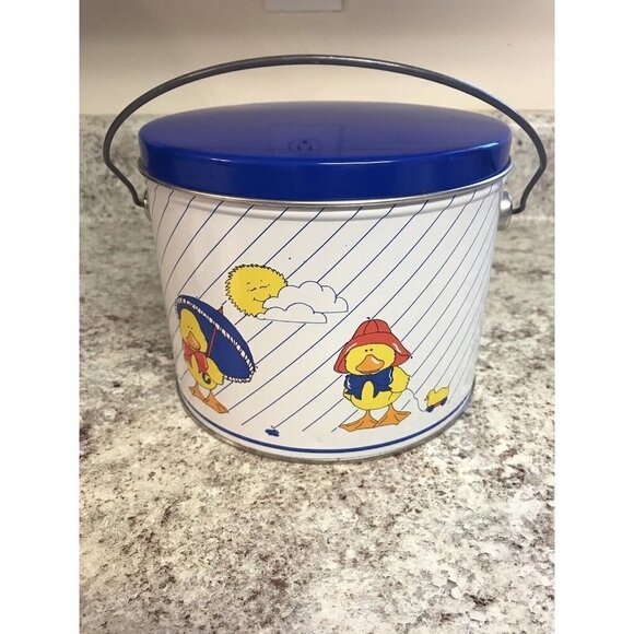 Ducks in Rain Gear Decorative Tin w/ Handle 1986 Howardesign  Sewing Lunch Pail - Picture 2 of 6